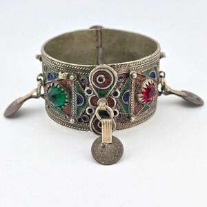Vintage Berber Moroccan Style‎ Enamel Cuff Bracelet Ethnic Tribal Coin Bangle